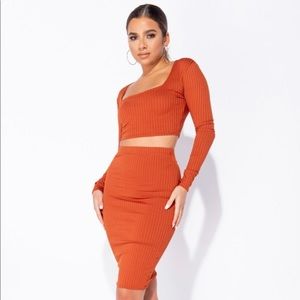 Rust Rib Knit Long Sleeve Crop Top & Midi Skirt